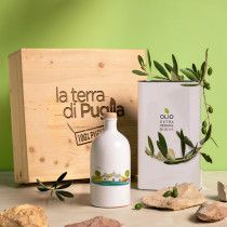 Coffret en bois avec pot en terre cuite et 3 litres Huile d'olive vierge extra