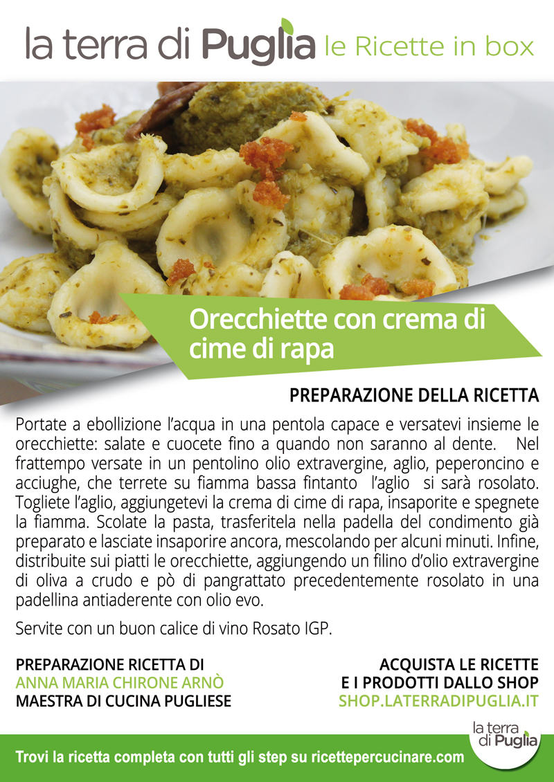 Un piatto di orecchiette con la crema di cime di rapa, acciughe e pangrattato rosolato, con la ricetta del box