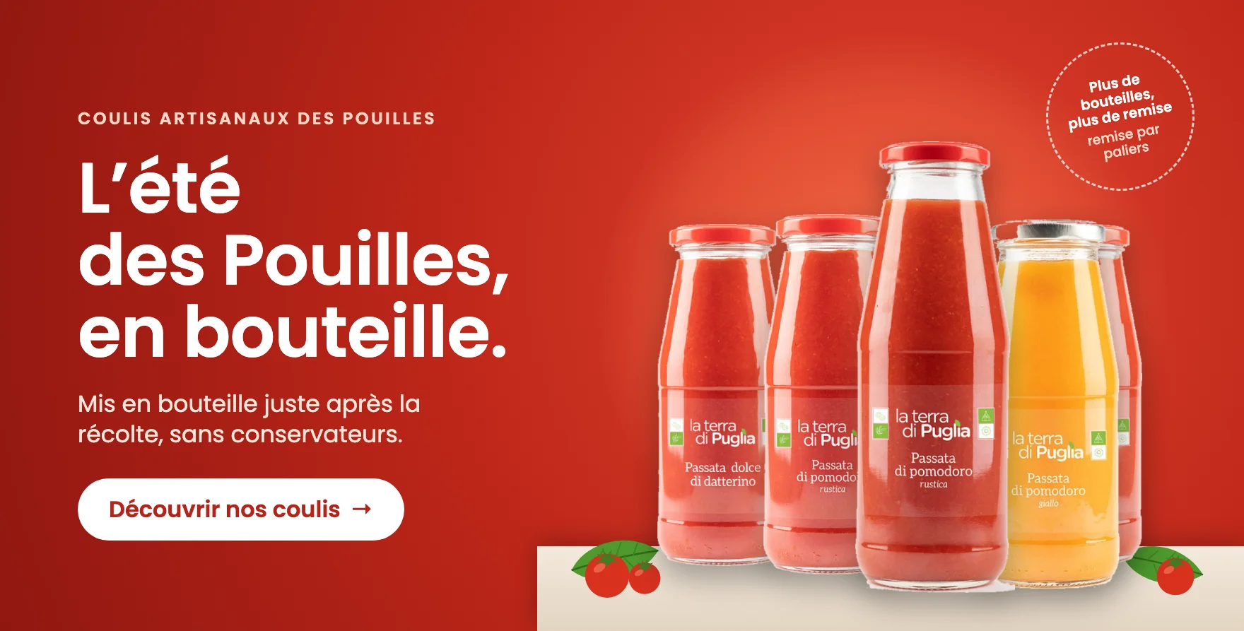 Coulis de tomates artisanaux des Pouilles, mis en bouteille juste après la récolte