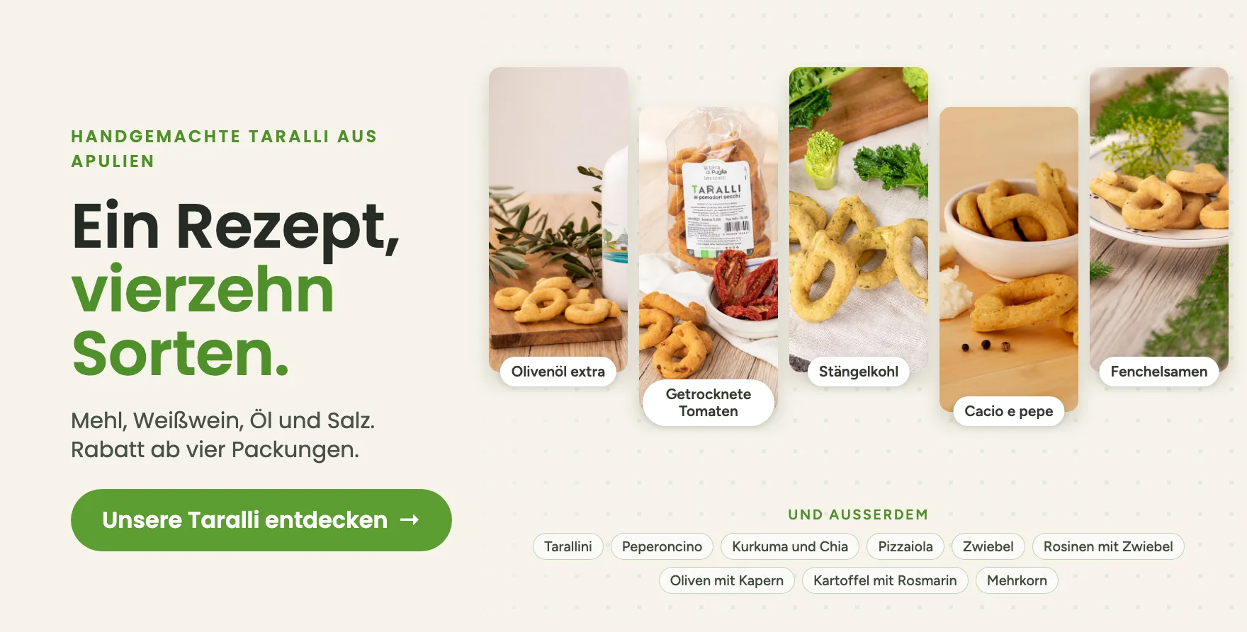 Handgemachte Taralli aus Apulien, vierzehn Sorten