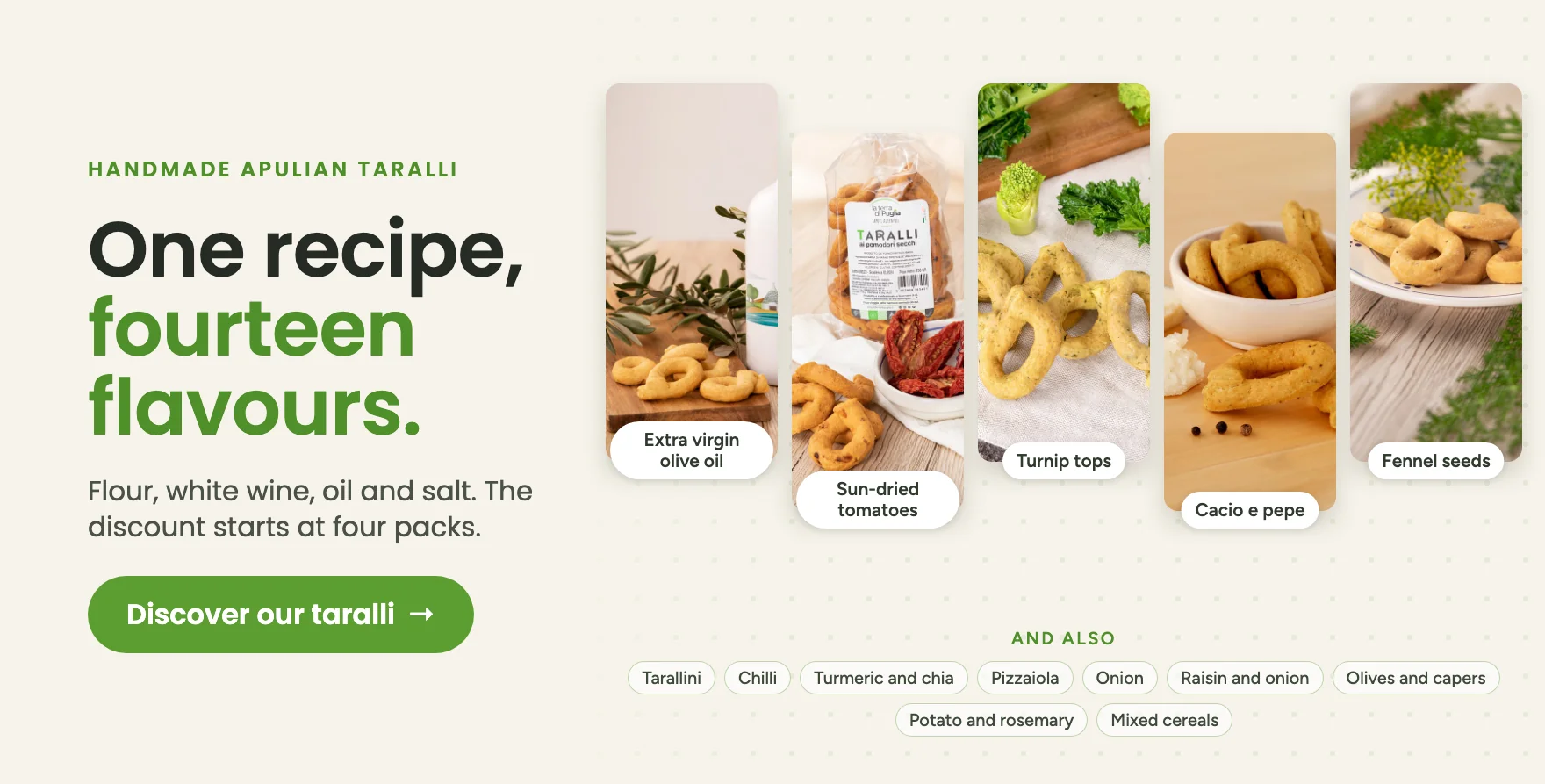 Handmade Apulian taralli, fourteen flavours